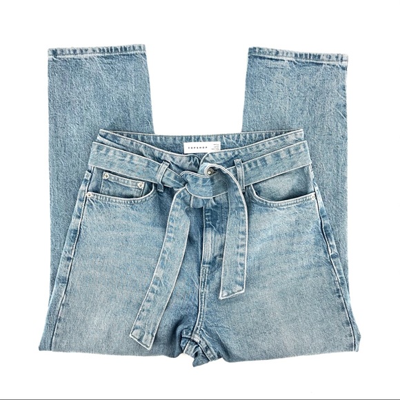 Topshop Blue Tie Waist High Rise Light Wash Jeans - Picture 2 of 8